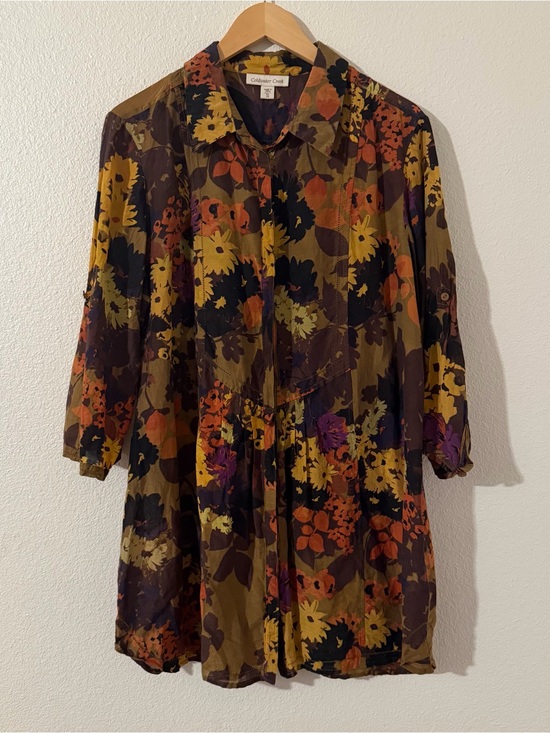 Coldwater Creek Tops - Coldwater Creek Cotton and Silk Blend Earth Tone Floral Button Up Tunic Women XL